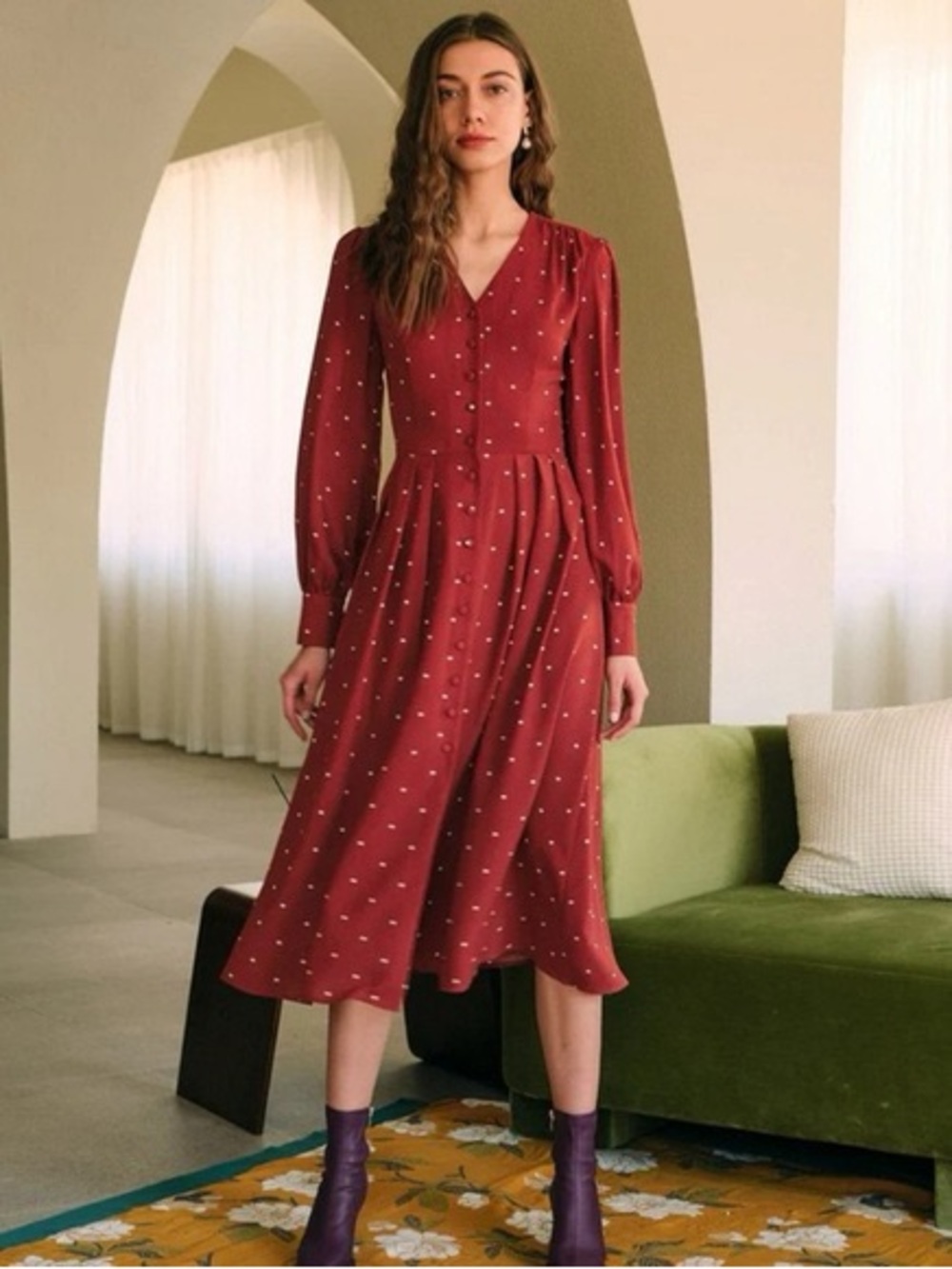 Rihoas Red Polka Dot Midi/Maxi Dress Puff lantern Sleeve Button Front Prairie M